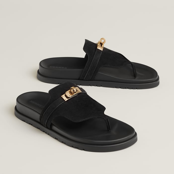Noir suede goatskin Hermès Empire sandals with Kelly buckles