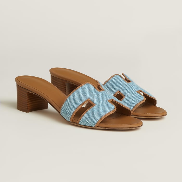 Bleu Clair and Naturel Hermès Oasis sandals in denim and braided Nappa leather
