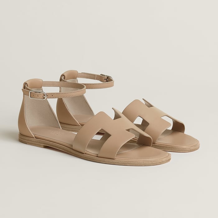 Beige Camel calfskin Hermès Santorini sandals with adjustable ankle straps