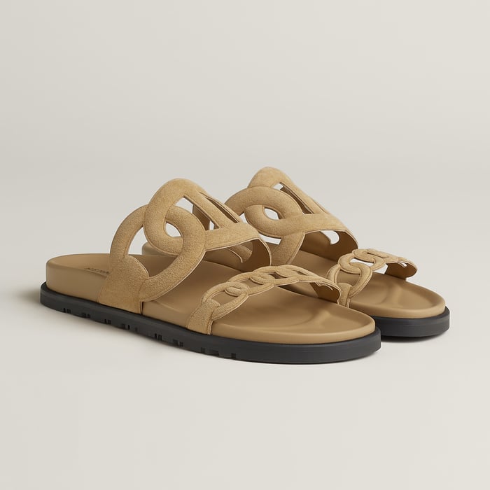 Beige Albâtre suede goatskin Hermès Extra sandals with Chaîne d’Ancre straps