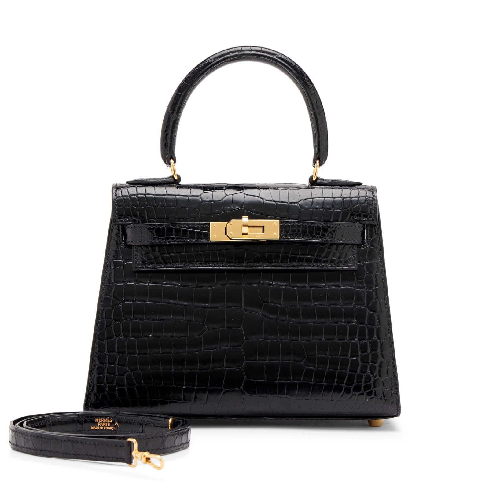 Vintage first-generation Hermès Mini Kelly 20 in black shiny Porosus crocodile with gold hardware
