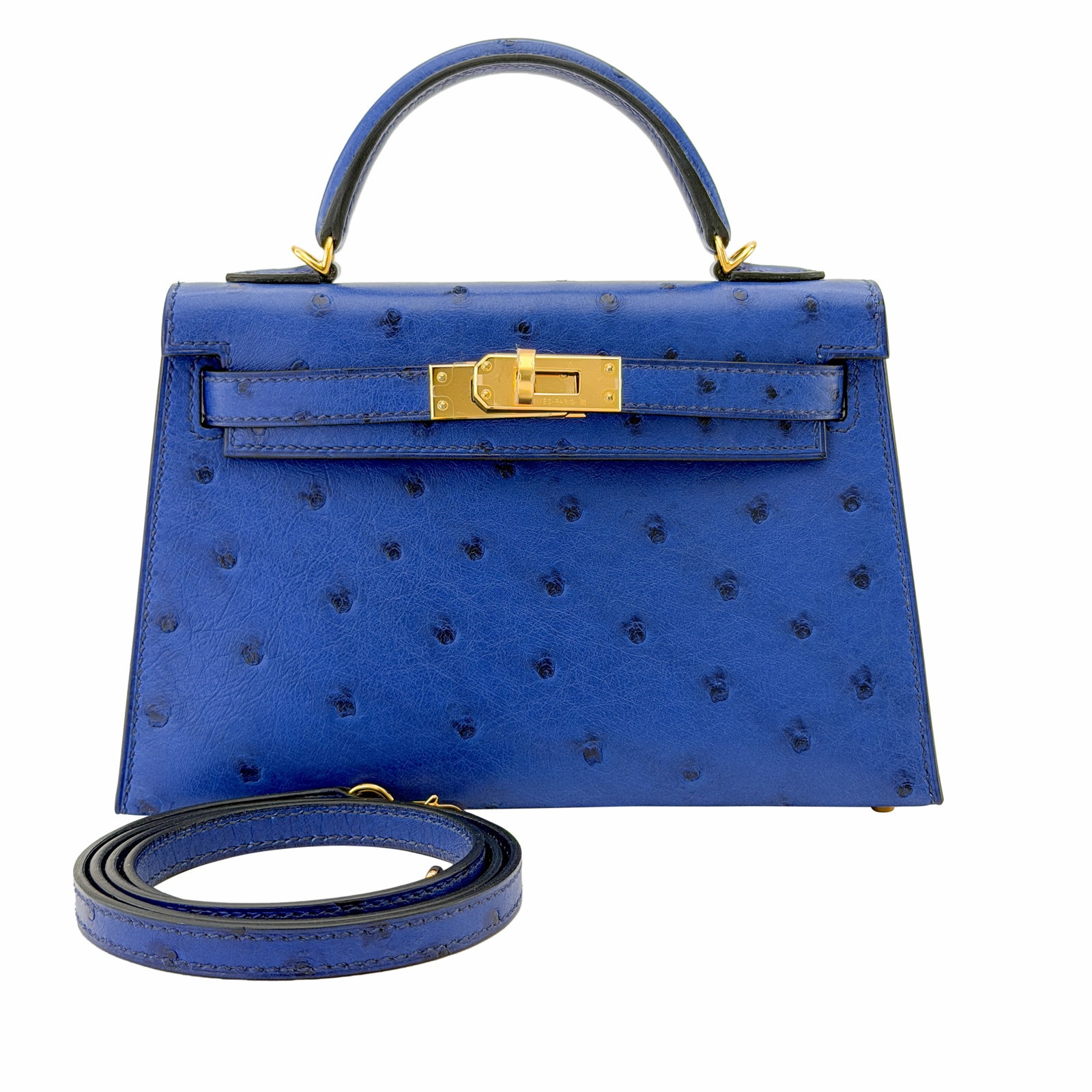 Hermès Mini Kelly II 20 in Bleu Saphir ostrich with gold hardware, made in 2018
