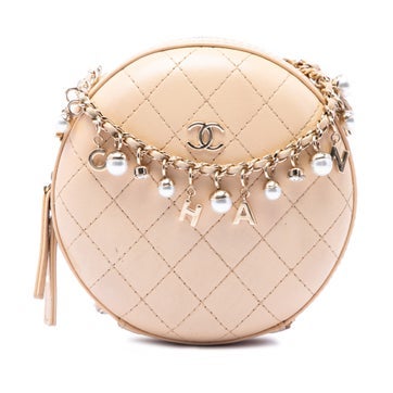 Stitched Calfskin Logo Strass and Pearl Chain Round Crossbody