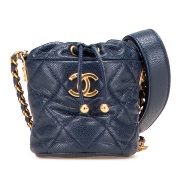 Mini Quilted Caviar Medallion Charms Calfskin Drawstring Bucket Bag