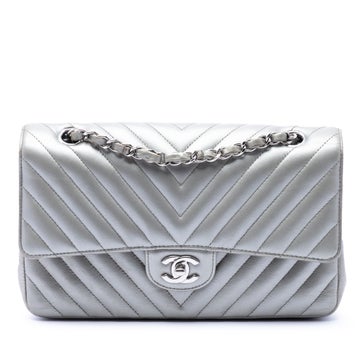 Calf Leather Medium Classic Chevron Metallic Caviar Double Flap