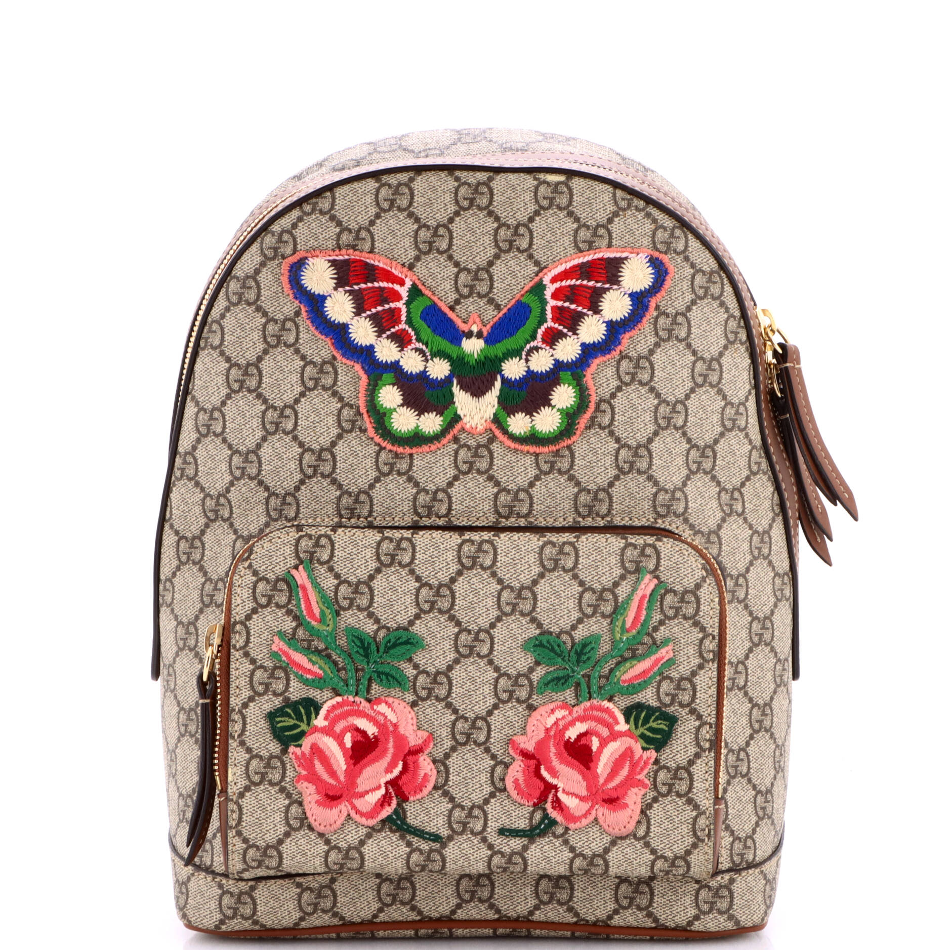 Gucci Zip Pocket Backpack Embroidered GG Coated Canvas Small