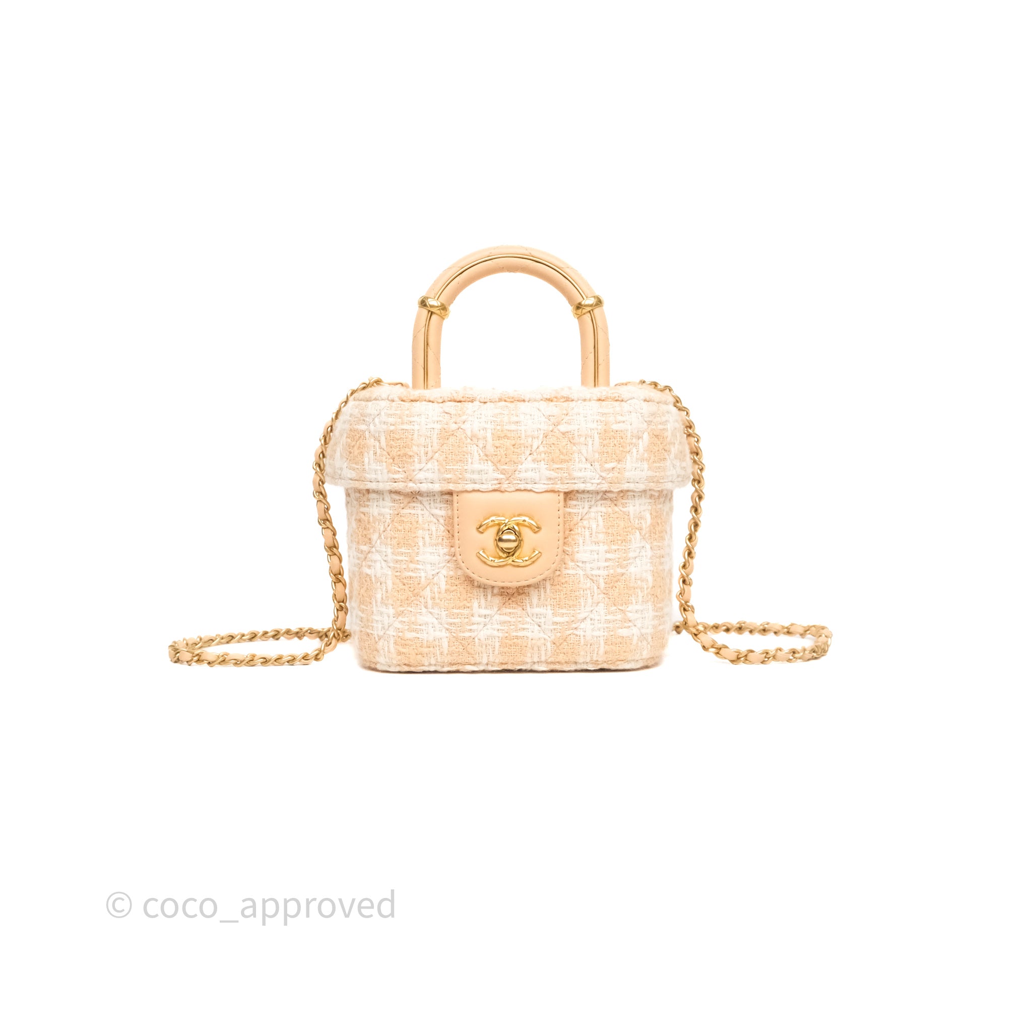 Chanel Vanity Case with Top Handle Apricot Tweed Aged Gold Hardware