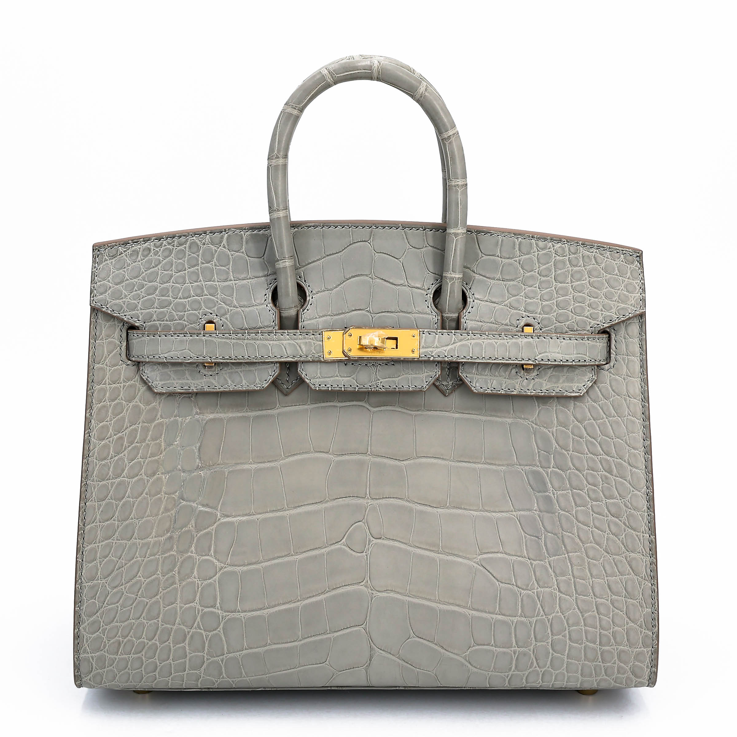 Unused ( Rank NS ) HERMÈS Birkin 25 Sellier Gris Perle (80) Matte Alligator Gold hardware B (2023)