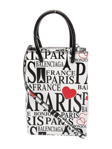 Balenciaga Leather Mini Calfskin Bonjour Paris Shopping Phone Holder satchel Mini