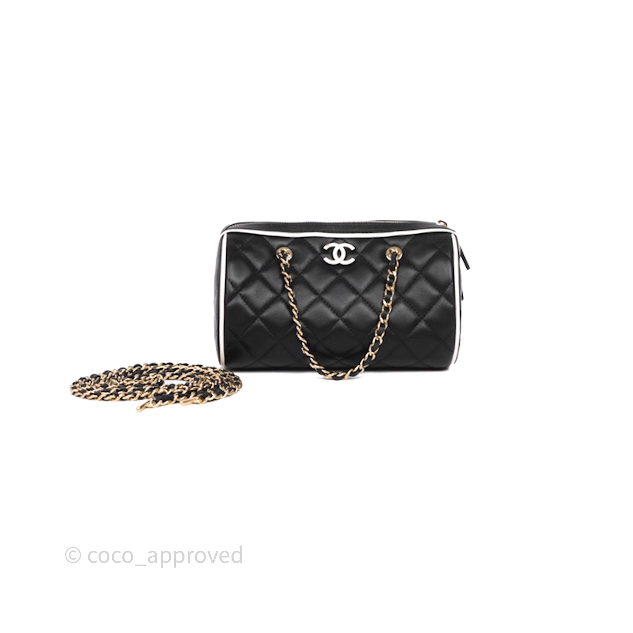 Chanel Mini Quilted Bowling Bag Black/ White Lambskin Gold Hardware