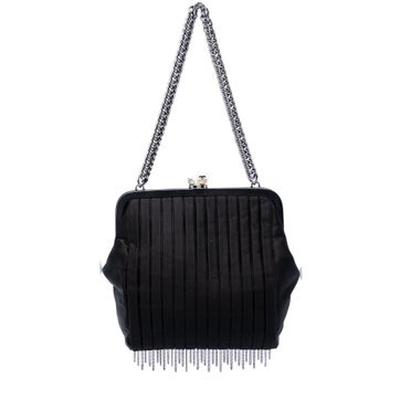 Pleated Satin Frame Pearl Chain Fringe Shoulder Bag