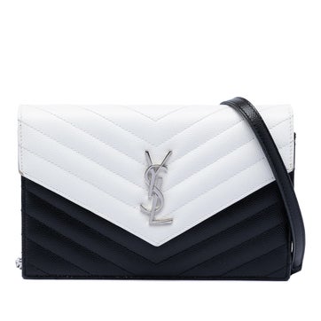 Calf Leather Bicolor Grain De Poudre Chevron Monogram Envelope Chain Wallet