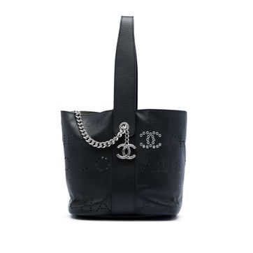 Small Perforated Calfskin Logo Eyelet Bucket Bag