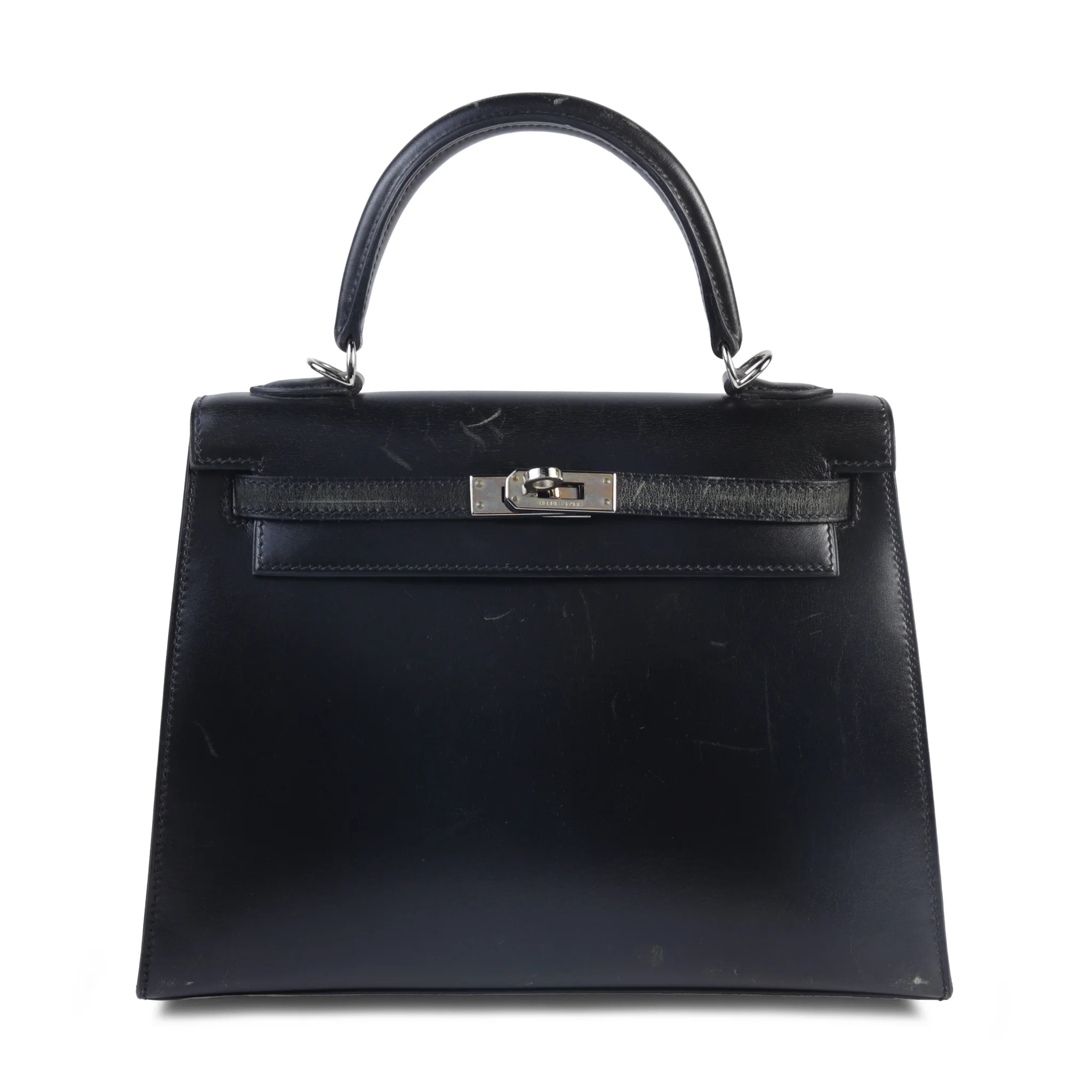 Good ( Rank AB) HERMÈS Kelly 25 Sellier Noir (89) Box-calf Palladium hardware Square L (2008)