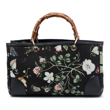 Calf Leather Medium Canvas Flora Knight Bamboo Shopper Satchel