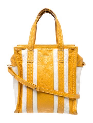 Leather yellow and white striped Arena leather XS Bazar Shopper tote.
