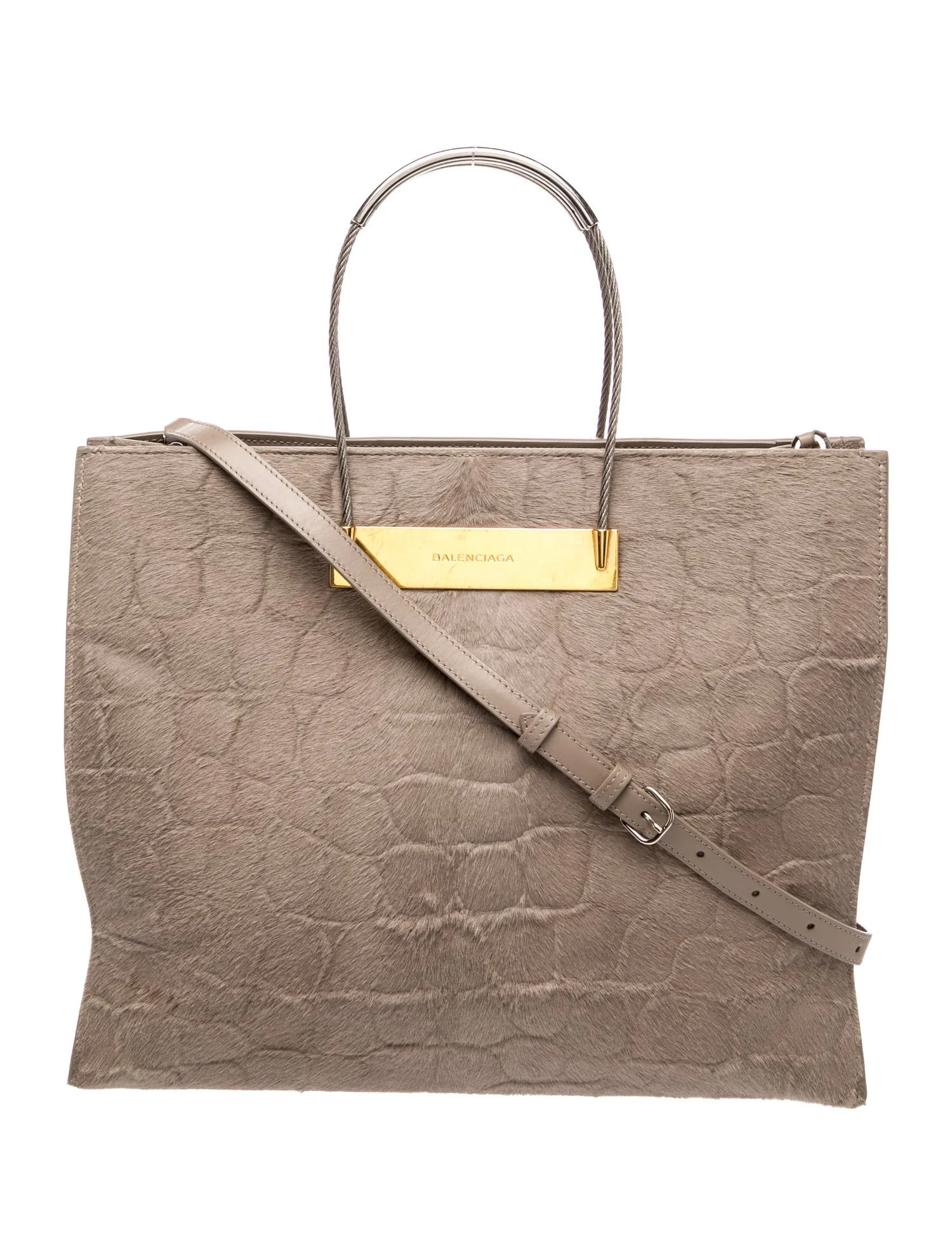 Ponyhair Beige Croc Embossed Calfhair Cable Shopper Tote Small