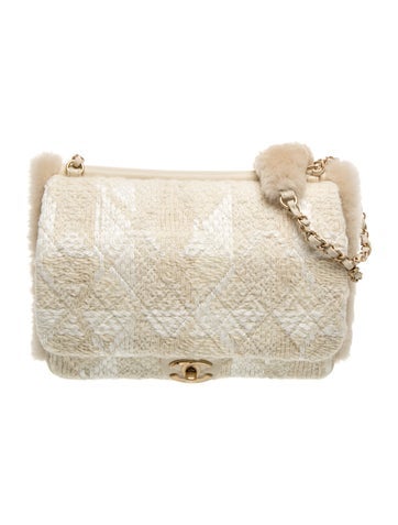 Shearling-Trimmed Tweed Muff Flap Bag