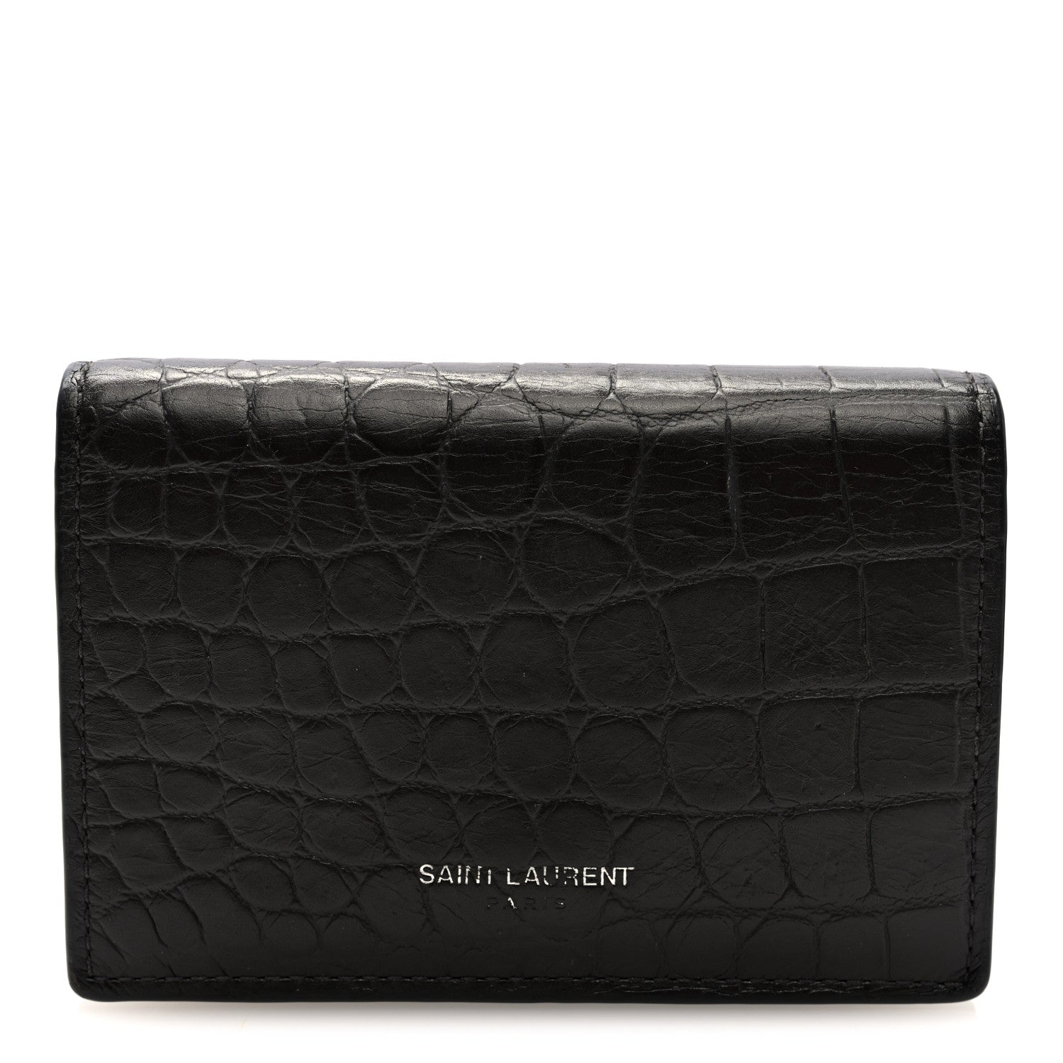 Saint Laurent Calfskin Crocodile Embossed Business Card Case Coal