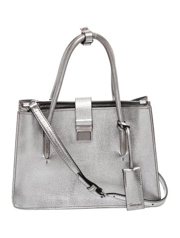 Leather Metallic Silver Madras Leather Handle Bag