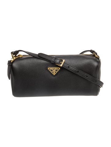 Prada Enameled Metal Triangle Black Leather Pouch Shoulder Bag 2024