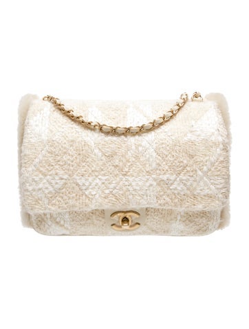 Shearling-Trimmed Tweed Muff Flap Bag