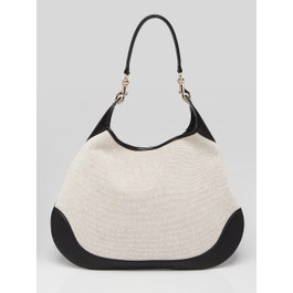 Gucci Black/Natural Leather and Canvas Leather B Large Hobo Bag