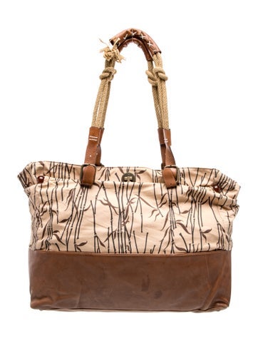 Leather Bamboo-Print Fabric Rope Tote Bag Large