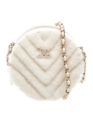Shearling Round Chevron Clutch w/ Chain