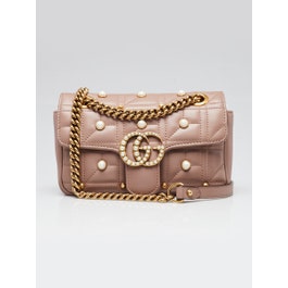 Gucci Beige Quilted Leather 2.0 Imitation Pearl Marmont Mini Shoulder Bag