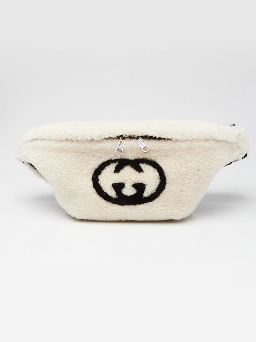 Gucci White/Black Shearling Interlocking Logo Large Belt Bag