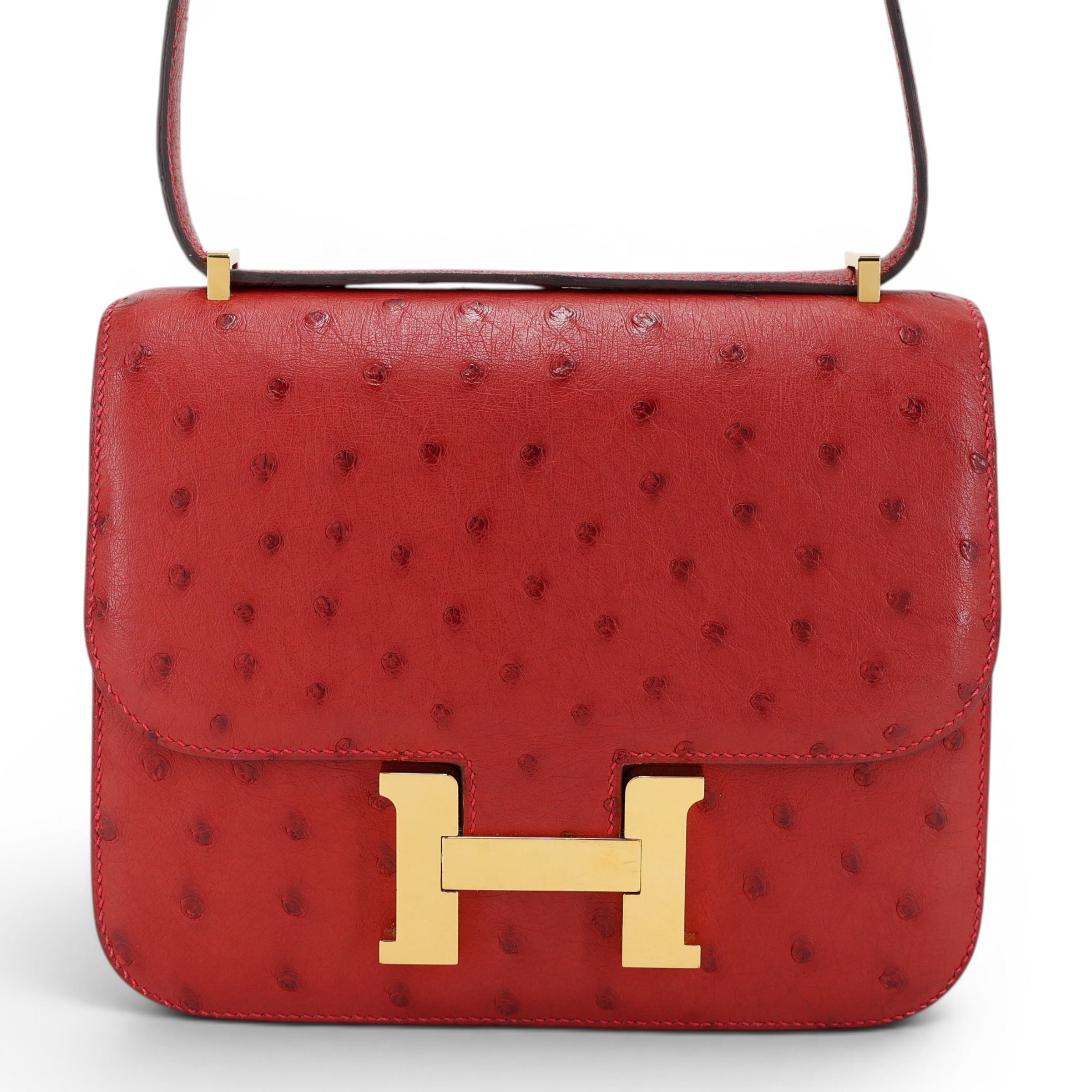Hermes Very Good ( Rank A) HERMÈS Constance Mini Rouge Vif (53) Ostrich Gold hardware A (2017)