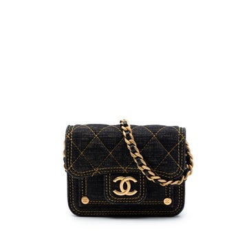 Mini Quilted Denim Double You Card Holder with Chain