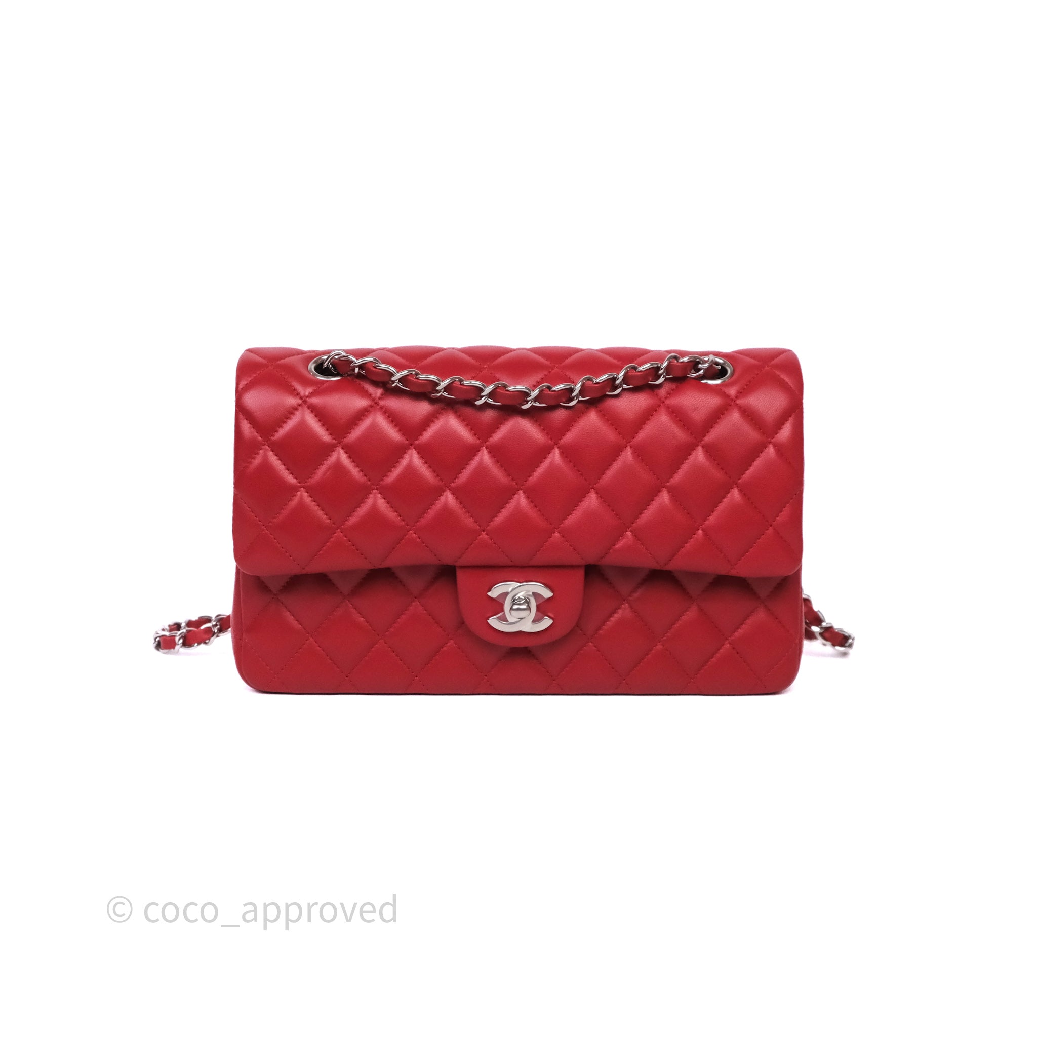 Chanel Classic M/L Medium Flap Quilted Red Lambskin Silver Hardware