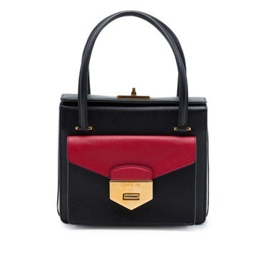 Leather Bicolor Saffiano Double Turn Lock Top Handle Bag