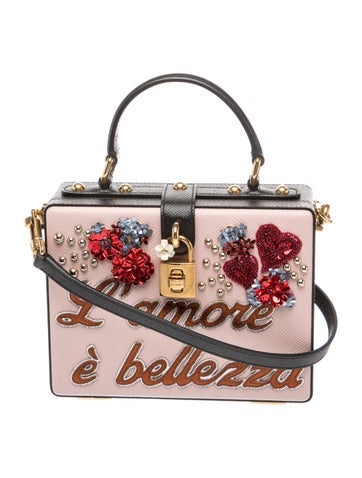 Leather "L’amore è bellezza" Embellished Rose Wood Dolce Box Bag Small