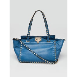 Valentino Blue Leather Rockstud Trapeze Small Tote Bag