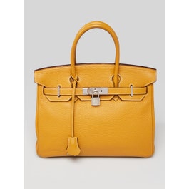 Hermes 30cm Curry Clemence Leather Palladium Plated Birkin Bag