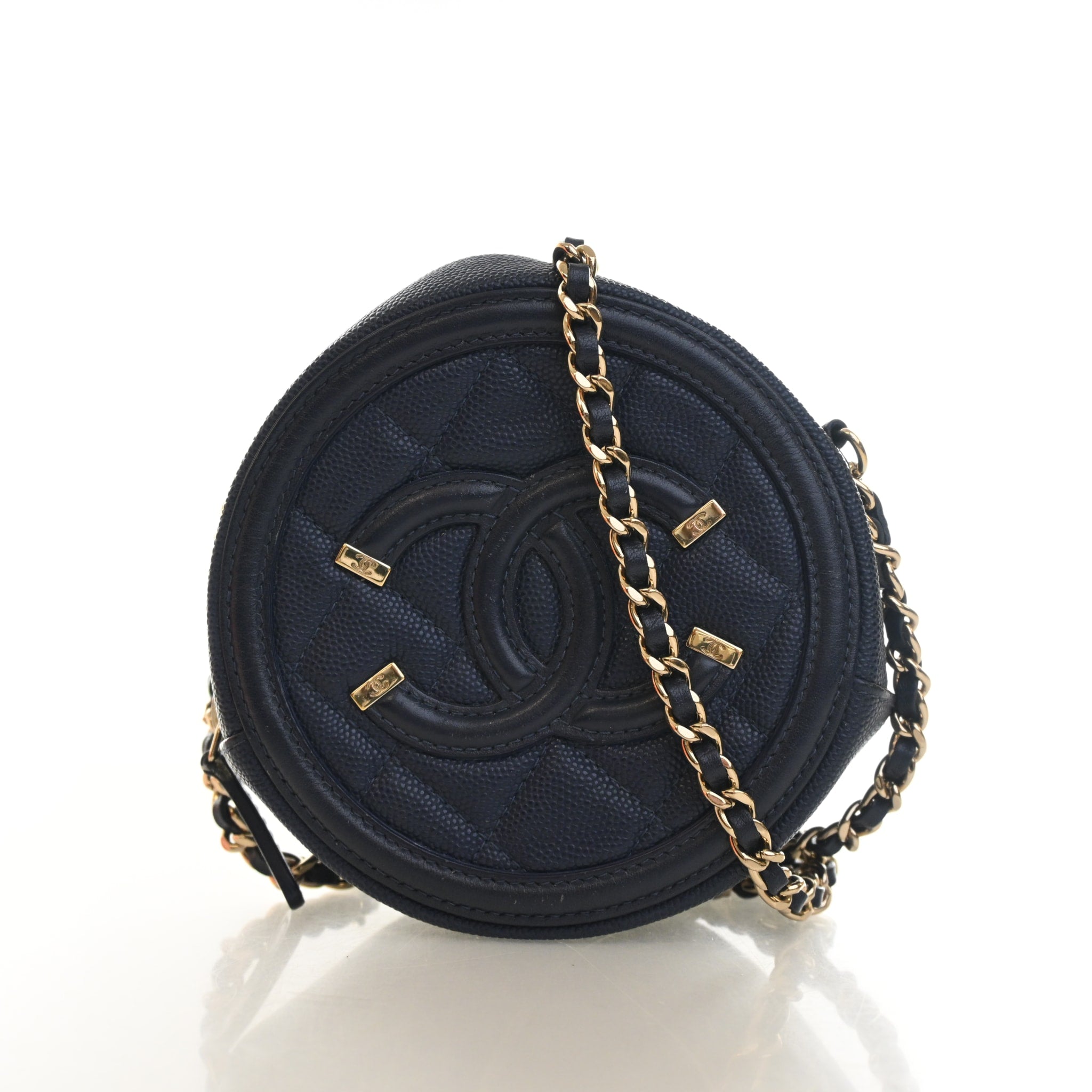 Chanel Caviar Round Filigree Clutch With Chain